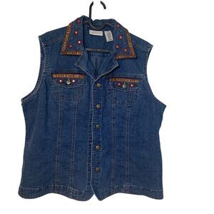 Vintage Womens Red Gold Trim Sequin Embroidered Boho Hippie Denim Vest 14 Travel